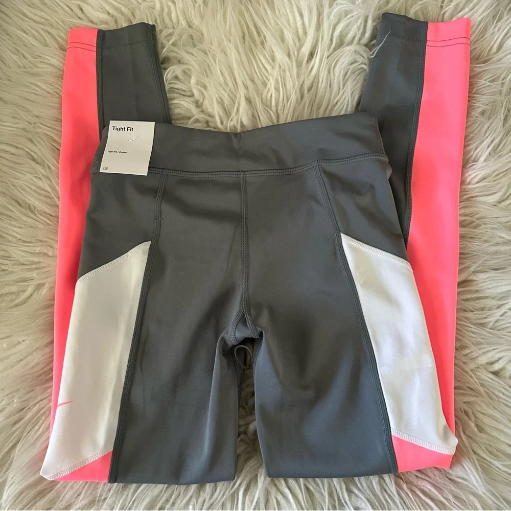 Nike gray pink white legging tights athletic‎ high rise size L NWT